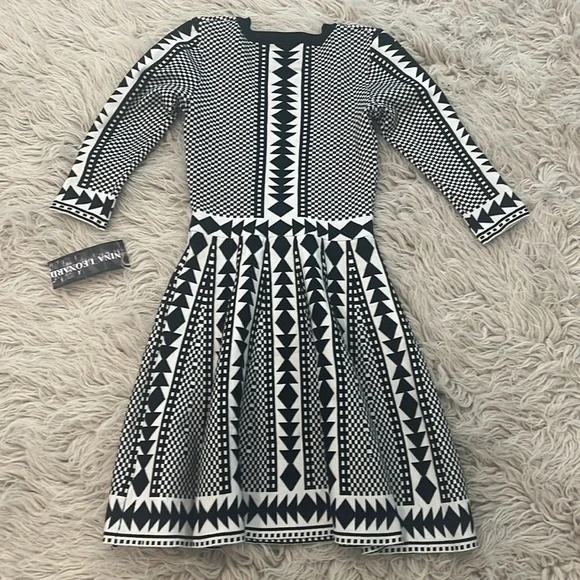 NWT Nina Leonard black ivory white geometric pattern flare skater dress size XS - Picture 8 of 11